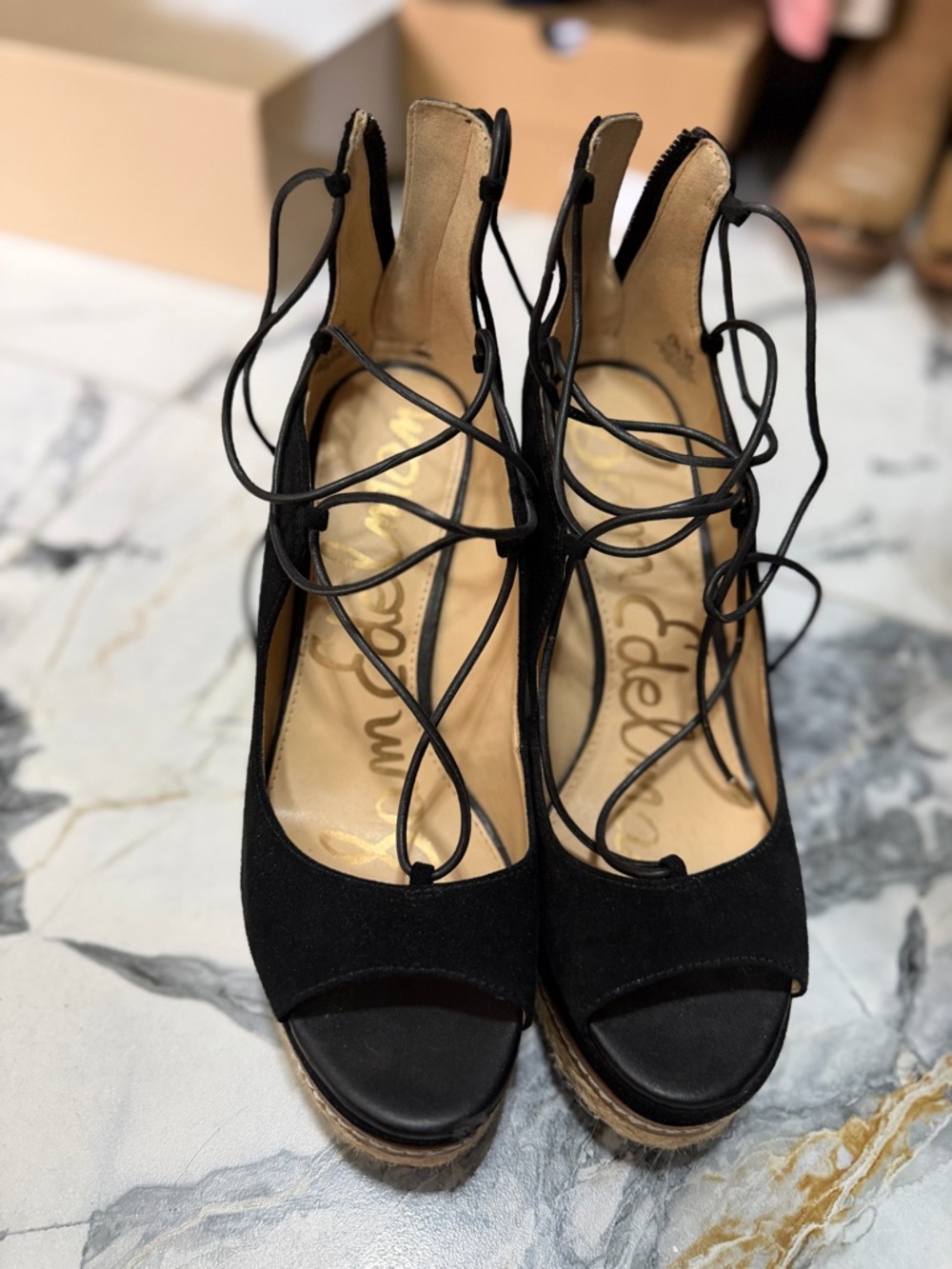 Sam Edelman Black Lace-Up Espadrille Wedge Sandals